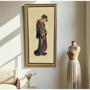 Large Vintage Needlepoint Geisha Wall Art 27x14 Mid Century Asian Decor